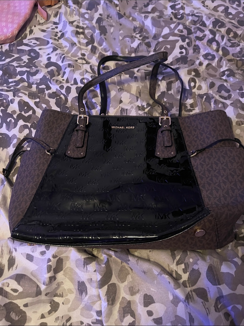Michael Kors Black Patent and Brown Logo Tote